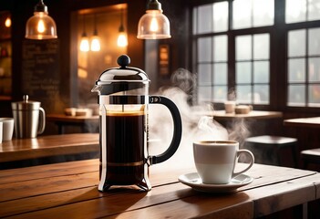 A polished, stainless steel French press and a simple white mug containing a freshly brewed filter coffee rest on a wooden table in a charming, artisanal coffee shop

