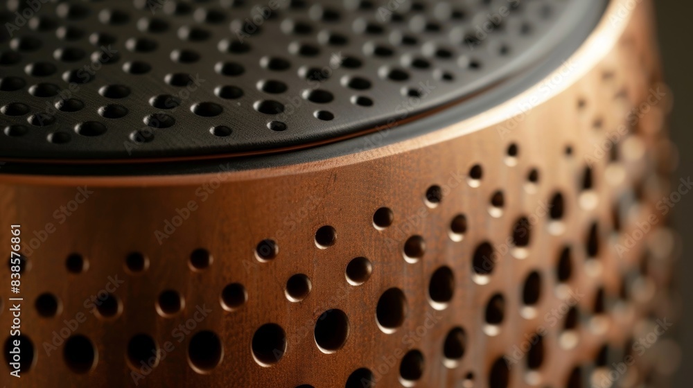 Poster the top of the speaker displays an intricate honeycomblike design with small circular openings that 