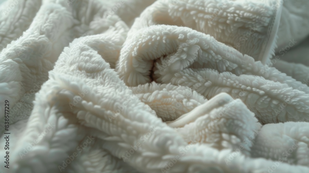 Poster a detailed view of the collar of a bathrobe with its densely packed fuzzy fabric. the texture is rem