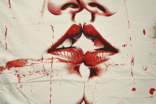 Detalle de un beso entre dos chicas con lapiz labial rojo intenso. Estampado de camiseta beso lgbtq,  dise&ntilde;o.