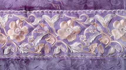 A closeup of lavender velvet trim featuring a subtle yet elegant floral pattern