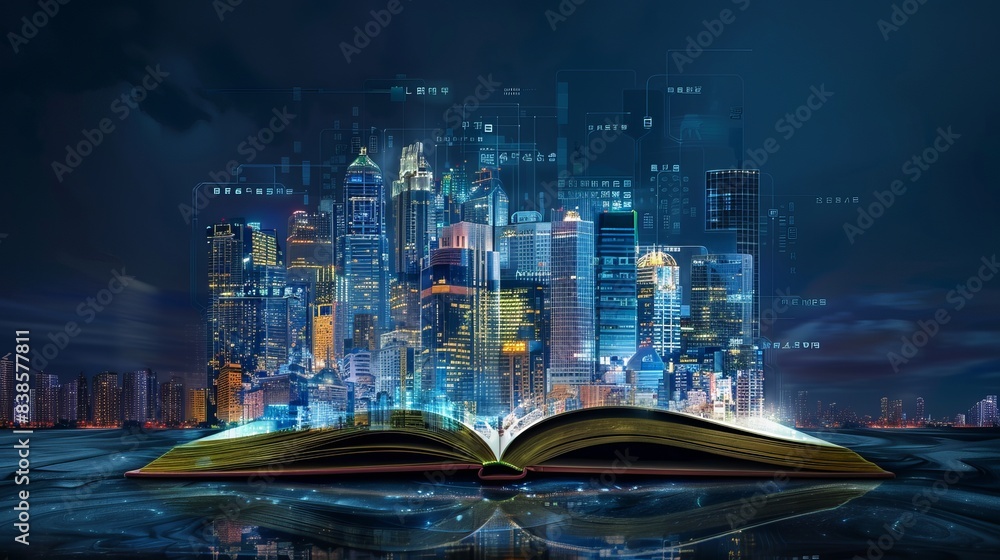 Poster night scene of a modern city skyline popping up from open book pages with smart working data wireles