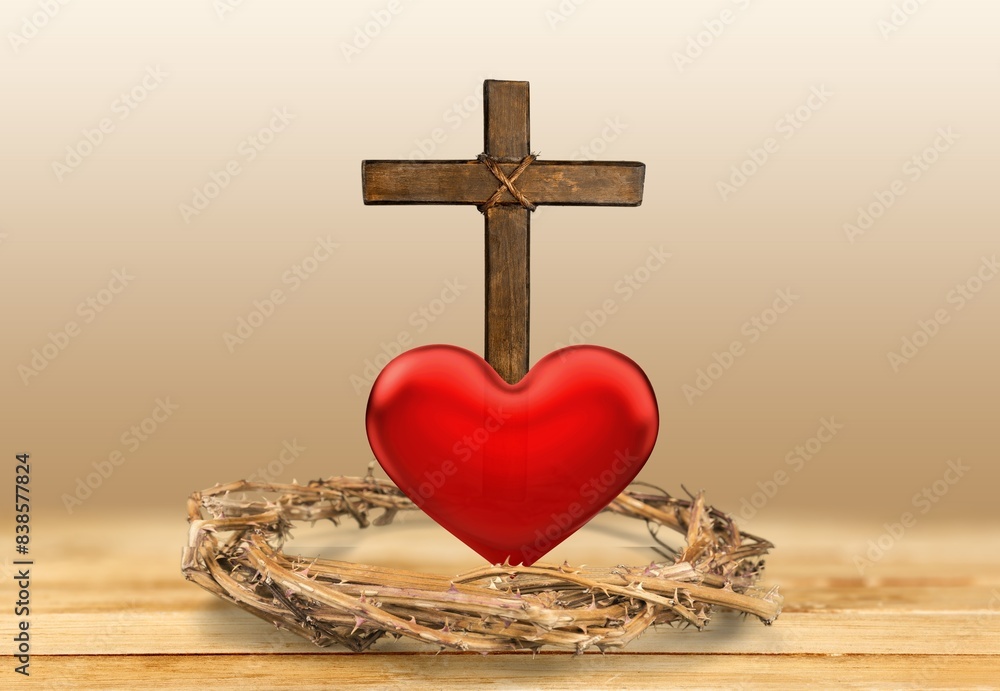 Wall mural heart of jesus, and crown of thorns and wooden cross