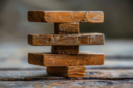 A set of uneven wooden blocks stacked precariously yet balanced, symbolizing the intricate balance required in both life and business.. AI generated.