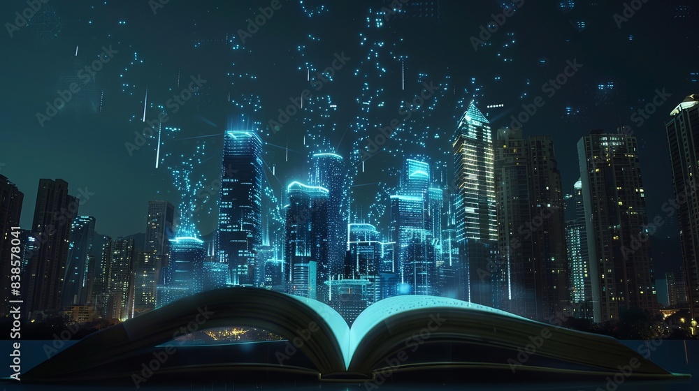 Poster night scene of a modern city skyline popping up from open book pages with smart working data wireles