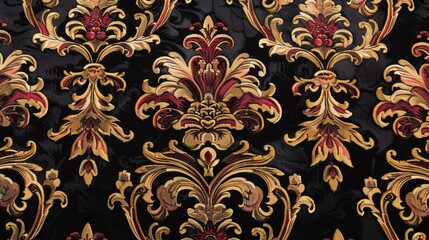 Fine black velvet adorned with intricate damask patterns in burgundy and gold