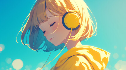 Cute young anime girl in yellow hoodie and big headphones on blue background 