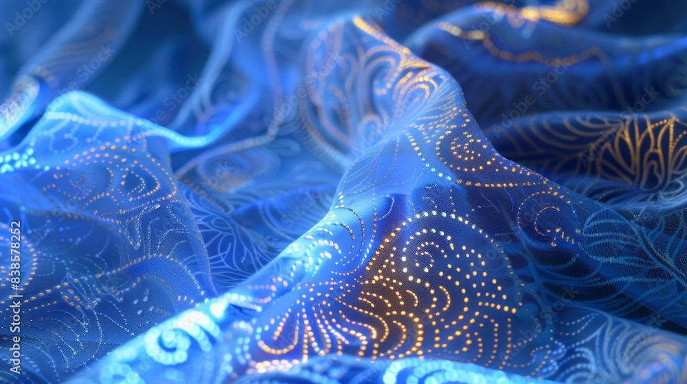 Poster a closeup of phosphorescent fabric with intricate ornate designs and patterns that glow stunningly w