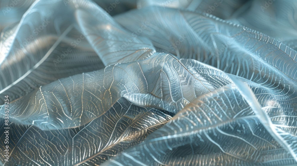 Poster a detailed capture of a textured fabric with a subtle sheen with delicate s of phosphorescence runni