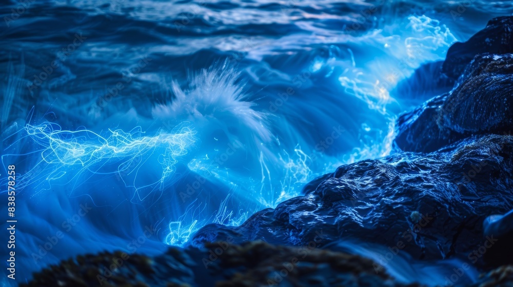 Aufkleber a rough rocky surface teeming with luminescent algae creating a spectacular light show as waves cras