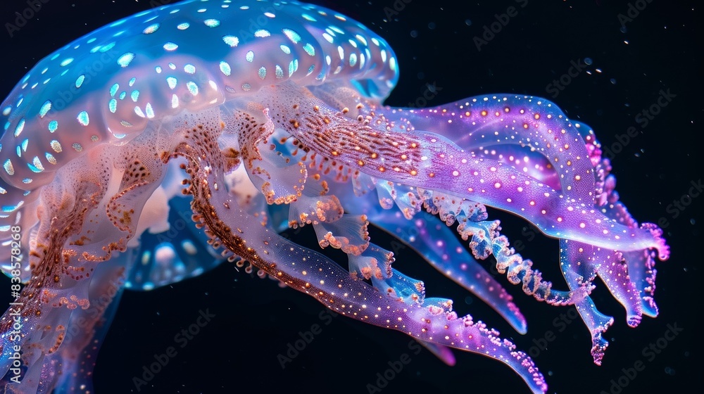 Poster a closeup of a luminescent jellyfishs delicate tentacles revealing a network of glowing intricate pa