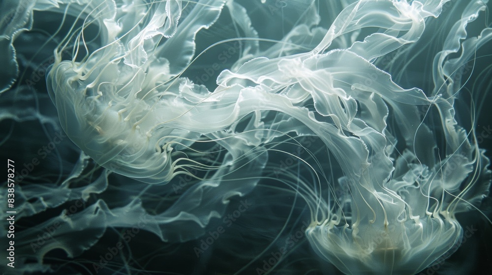 Poster the delicate translucent tendrils of a jellyfishs tentacles capturing and refracting the light aroun
