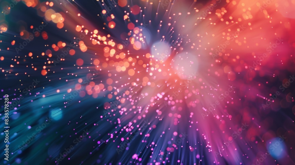 Poster a macro shot of the tip of a fiber optic cable with tiny glowing strands spreading out in all direct