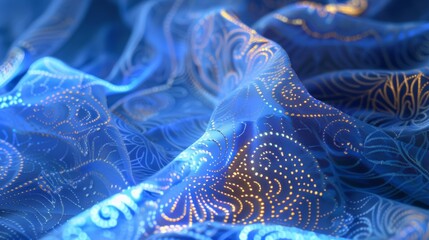 A closeup of phosphorescent fabric with intricate ornate designs and patterns that glow stunningly when exposed to light adding a touch of ethereal magic to any room