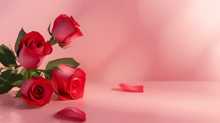 Valentine's Day design concept background with pink and red rose flower on pink table background, Valentines, Spring or Mothers day, generative ai