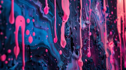 The luminescent paint splatter drips and oozes in a moltenlike form giving a sense of fluidity and movement to the image