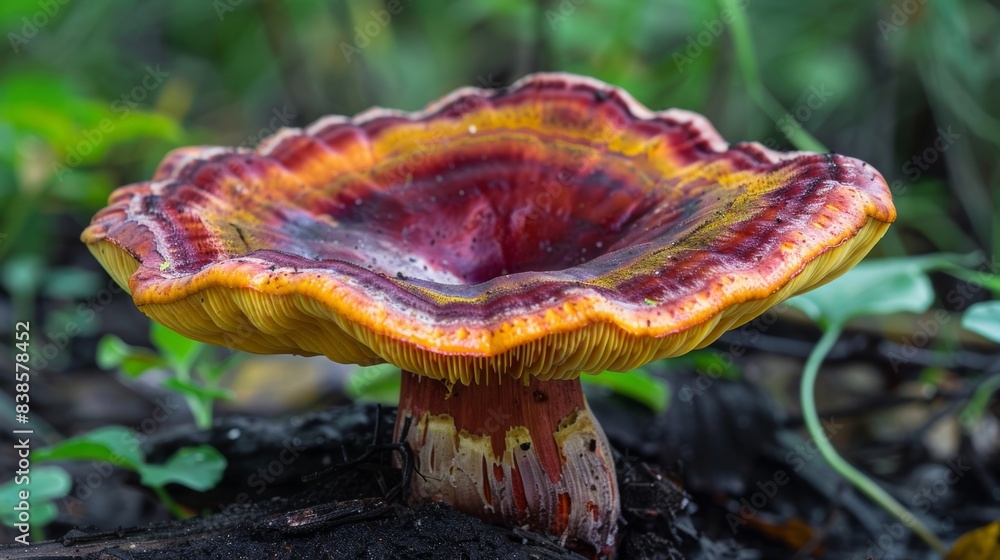Poster a single mushroom with a gradient of colors starting with a deep maroon cap and fading to a glowing 