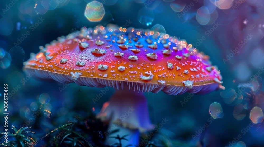 Poster a closeup of an otherworldly mushroom its cap covered in a fine layer of glitter that catches and re