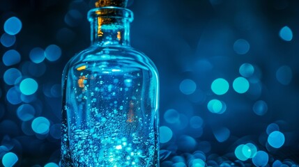 Cascading streams of luminescent fluid flow down the sides of a glass bottle creating a magical glow from within