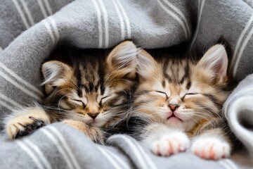 Photo of two cute kittens sleeping under a blanket, with a cozy home atmosphere, creating a concept of a warm and comfortable feeling of security.