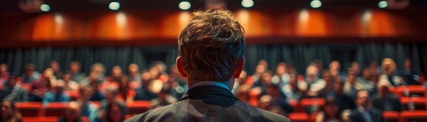 Obraz premium Speaker in front of the audience debate in a hall of people