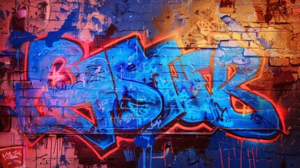 Fototapeta premium The electric blue letters of the graffiti stand out against a background of flickering neon lights making it the focal point of the urban landscape