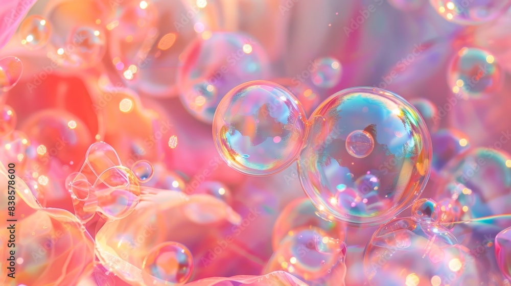 Poster a shimmering array of translucent bubbles floating amidst a bed of iridescent coral petals