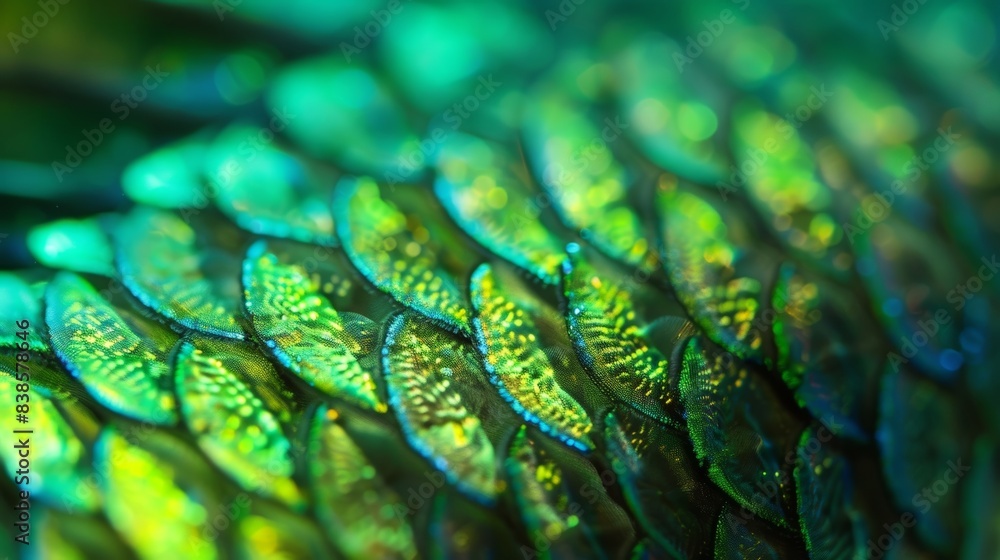 Aufkleber the textured ridges of a fish scale shimmer with a vibrant green glow as if lit from within