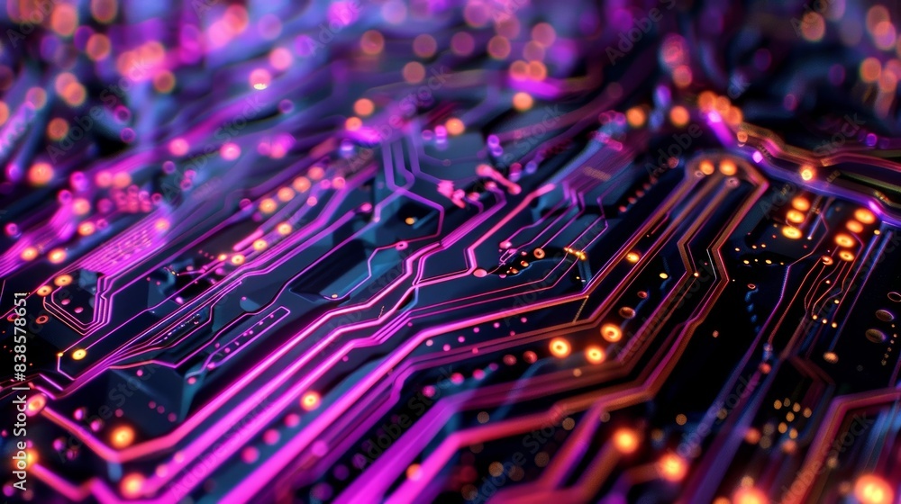 Poster the intricate lines and patterns of a glowing circuit board resembling a breathtaking abstract art p