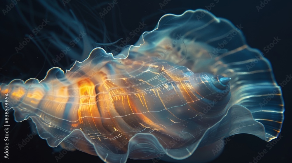 Poster a macro shot of a luminescent seashell revealing its delicate translucent layers that appear to glow