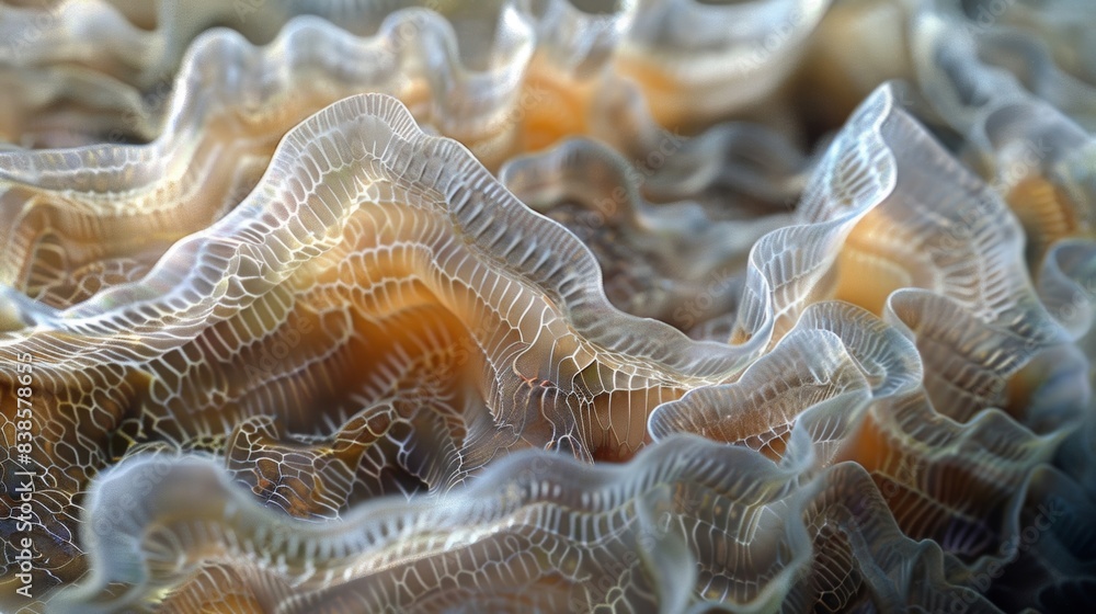 Poster a textured image of a luminescent seashell with a rough bumpy surface resembling a miniature landsca