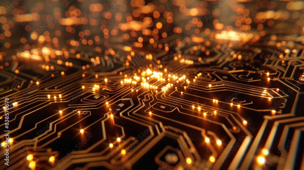 Poster a closeup of a glowing computer chip with each microscopic connection shining bright like a tiny sta