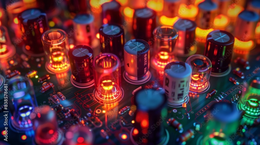 Poster a detailed view of the illuminated capacitors and resistors on a circuit board creating a symphony o