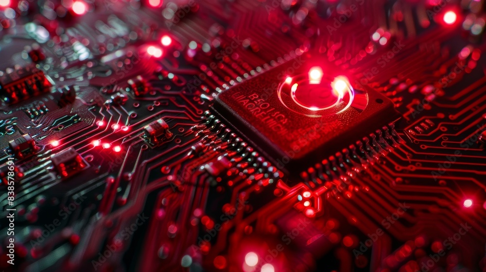 Poster a mesmerizing closeup of a pulsating red led light on a circuit board illuminating the surrounding c