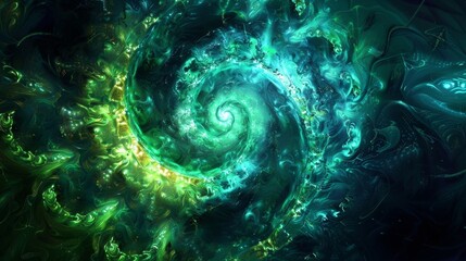 A mesmerizing blend of glowing green and blue spirals resembling a swirling galaxy