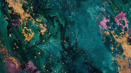 Fototapeta premium Thin s of emerald and sapphire hues intertwine with splashes of magenta and gold creating a stunningly intricate texture