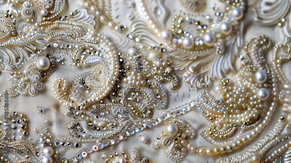 Poster sparkling beads and sequins adding dimension to the embroidered fabric