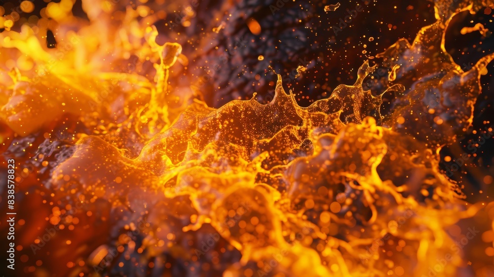 Poster an intense fiery orange liquid splash caught in motion with cracks and textures forming within its g
