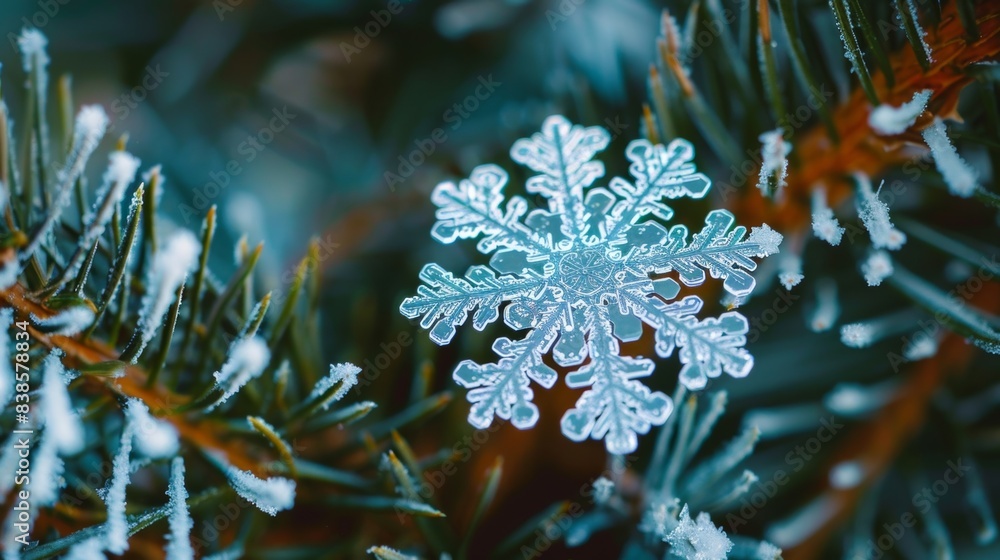 Poster an upclose view of a snowflake on a pine branch the tips of its filaments radiating a subtle etherea