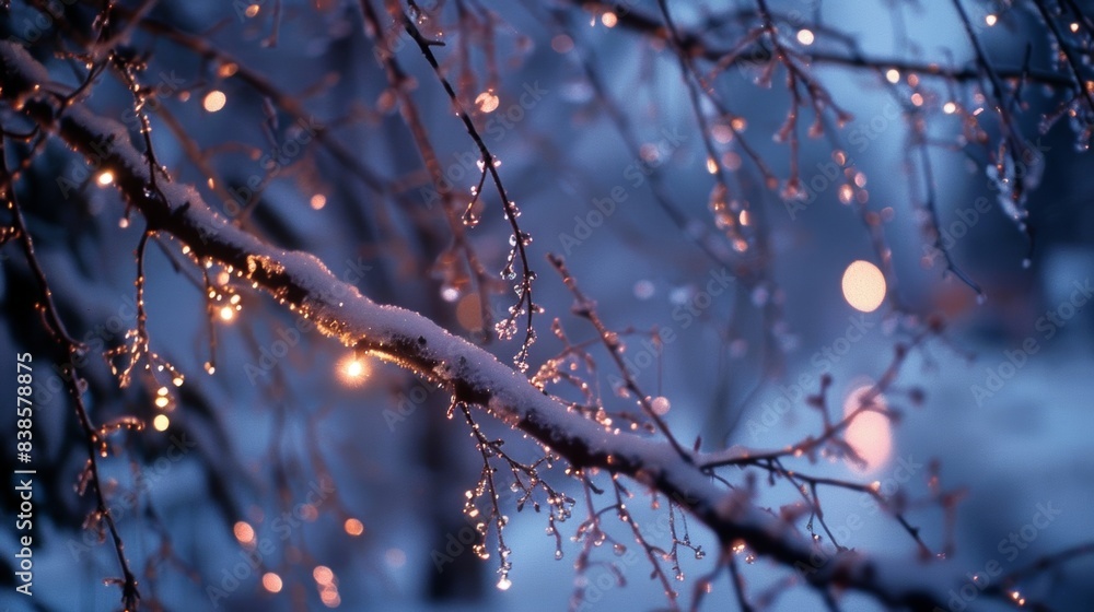 Aufkleber a tight view of a snowcovered tree branch the snowflakes hanging from it giving off a soft glow in t
