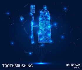 Hologram of a toothbrush and toothpaste on a dark background. Modern digital illustration. Ideal for dental hygiene, healthcare, and personal care concepts.