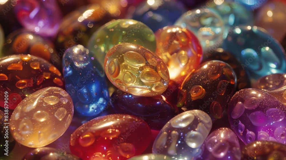 Poster a collection of luminescent jelly beans each one featuring a uniquely textured surface from smooth a