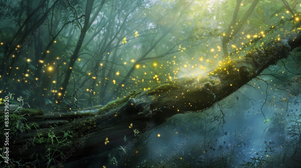 Poster the textured surface of a fallen branch adorned with s of glowing fireflies adding a dreamy quality 
