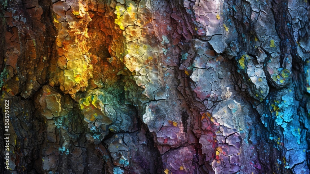 Poster the bark of a tree covered in lichen that glows in a rainbow of colors creating a mystical atmospher
