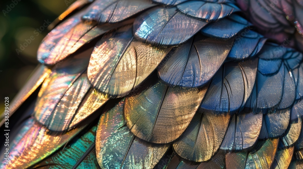 Poster up close the intricate patterns of these iridescent feathers resemble the mesmerizing scales of a my