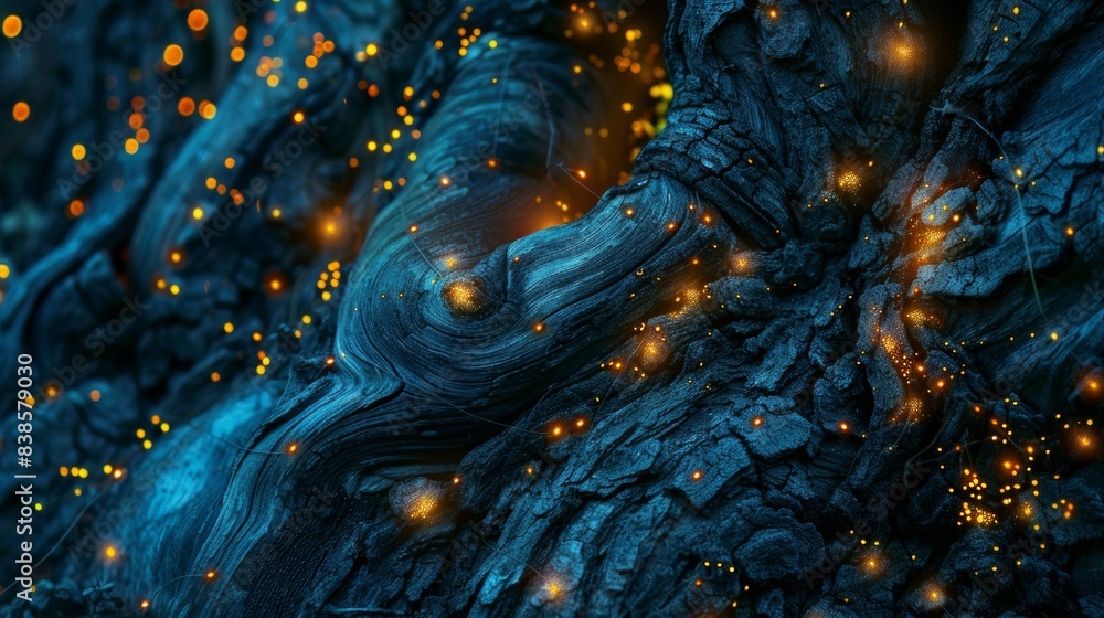 Poster the rough weathered bark of a tree illuminated by s of fireflies that create an otherworldly texture