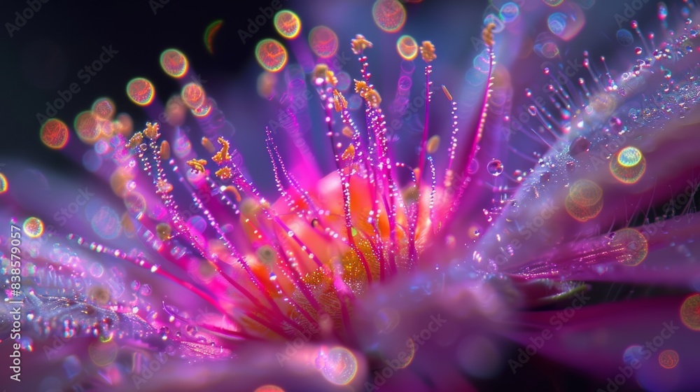 Poster a luminous almost neon hue emanating from the center of each petal surrounded by a delicate and fuzz