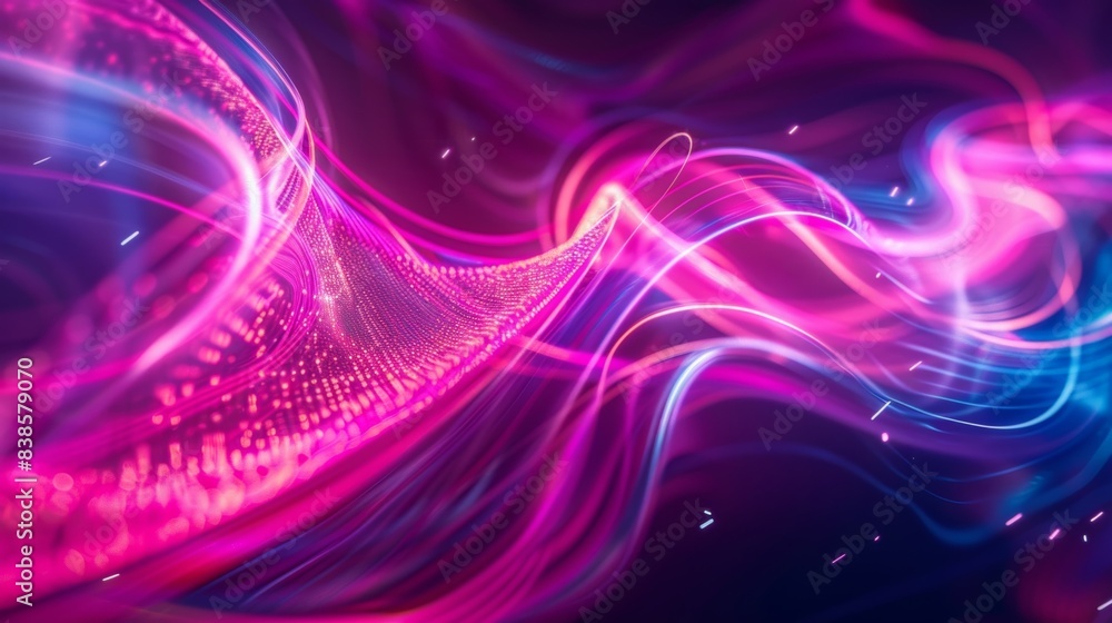Poster sinuous curves of vibrant pink and purple neon light forming an intricate pattern with flickering sp