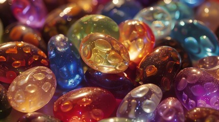 A collection of luminescent jelly beans each one featuring a uniquely textured surface from smooth and glossy to rough and speckled