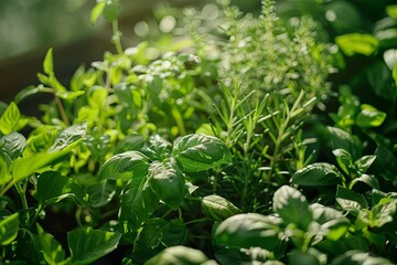 A close-up image of an herb garden bursting with green leaves